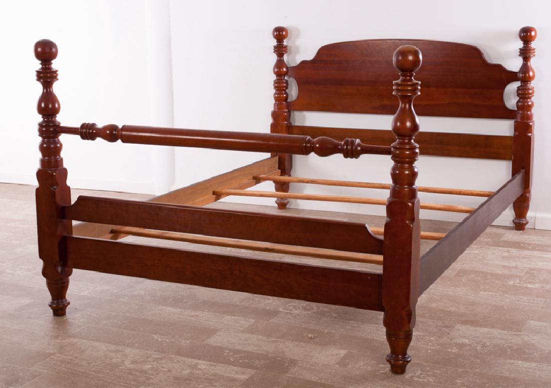 Cresent Furniture Four Post Double/Full Bed: Cresent Furniture four post double bed with ring turned posts capped with ball finials and having a shaped headboard, unmarked; measures approximately 42" high, 58" wide, and 83-1/2" long. Includes fo