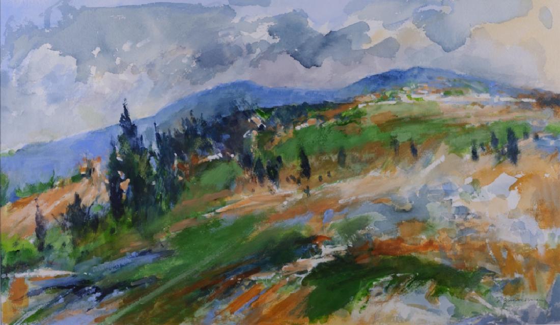 Paul Zimmerman "Damp Spring" Gouache Landscape: Paul Warren Zimmerman (American, 1921-2007) gouache and watercolor post-Impressionist landscape titled "Damp Spring" as indicated to verso label, signed "P Zimmerman" to the lower right hand corner of