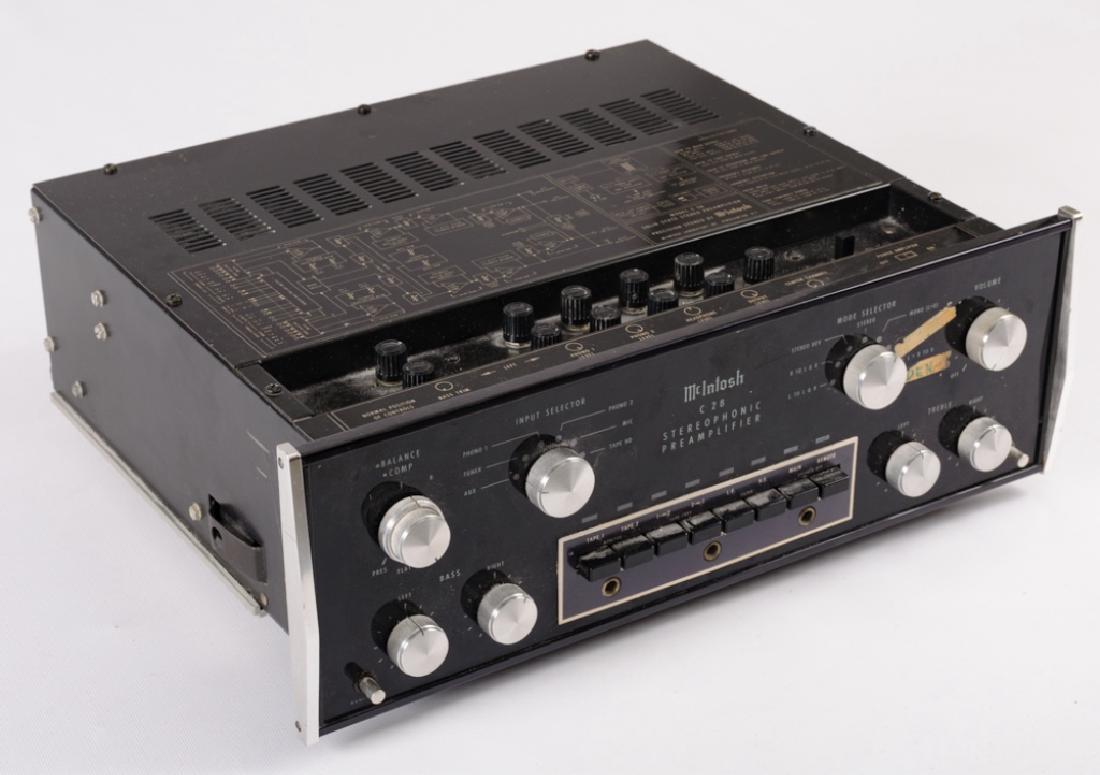 McIntosh C 28 Stereophonic Pre-Amp: McIntosh model C 28 solid state stereophonic preamplifier, serial # AK 5421, includes spec sheet #038-600; measures approximately 5-5/8” high, 14-1/4” wide, and 12-5/8” deep. Observed to be oper