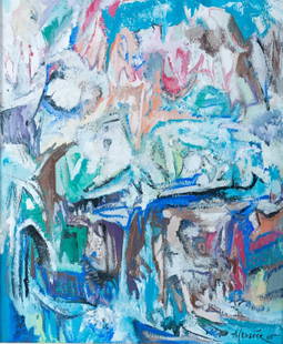 Andre Leveille "Paysage" Abstract Gouache 1965: Abstract gouache framed and matted under glass titled "Paysage" and signed "Andre Leveille" to the back of frame; signed "A. Leveille" to the lower right hand corner of the image. Wooden frame measure
