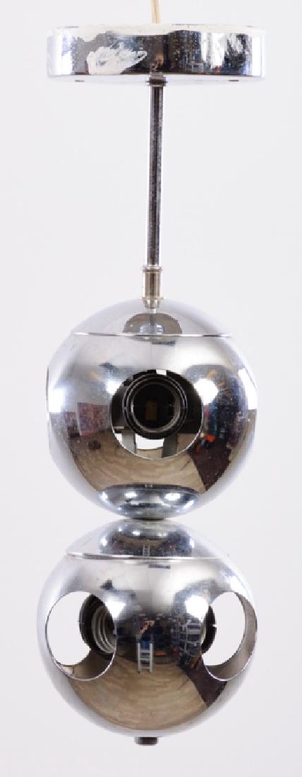 George Kovacs Style Chrome Ball Pendant Lamp: Union Made chrome finish pendant hanging lamp having two sphere shaped globes, each globe has a four-light cluster socket (eight bulbs total); measures approximately 16-1/4” high, and 5” in diamet