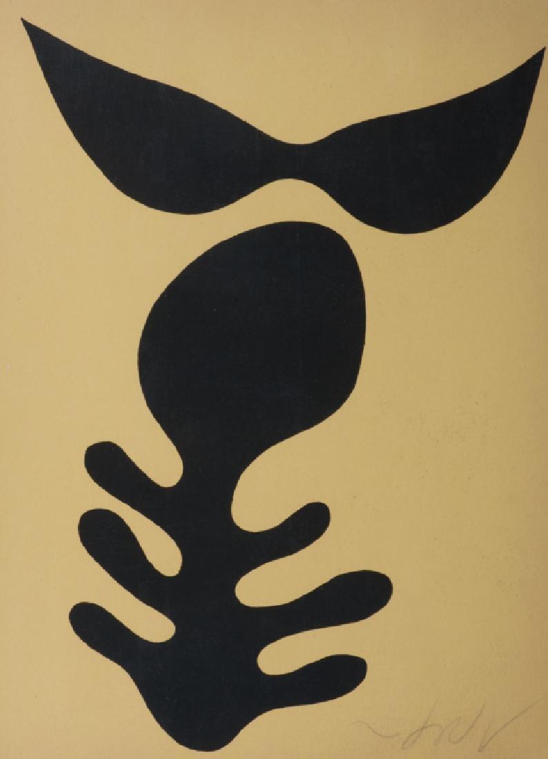 Jean Hans Arp "Mask" Signed Serigaph: Jeans Hans Arp (France/Switzerland, 1886 - 1966) geometrical abstract serigraph signed "Arp" in pencil to the lower right hand corner, matted and framed "float style" under glass. Having a framed heig