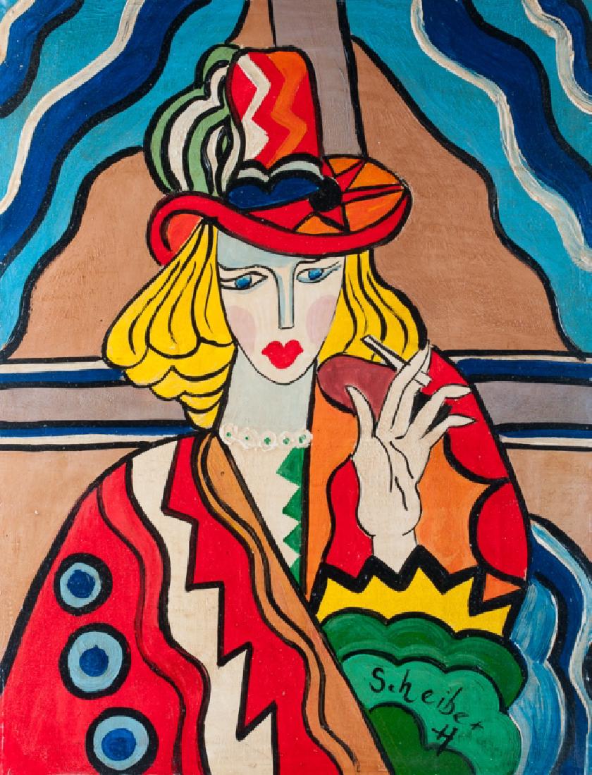 Hugo Scheiber Portrait Oil On Board: Hugo Scheiber (Hungary/Austria, 1873 - 1950) unframed oil on board depicting the portrait of a woman in a red hat, signed to lower right "Scheiber H" and measuring 24-3/4" in height by 19-1/4" in widt