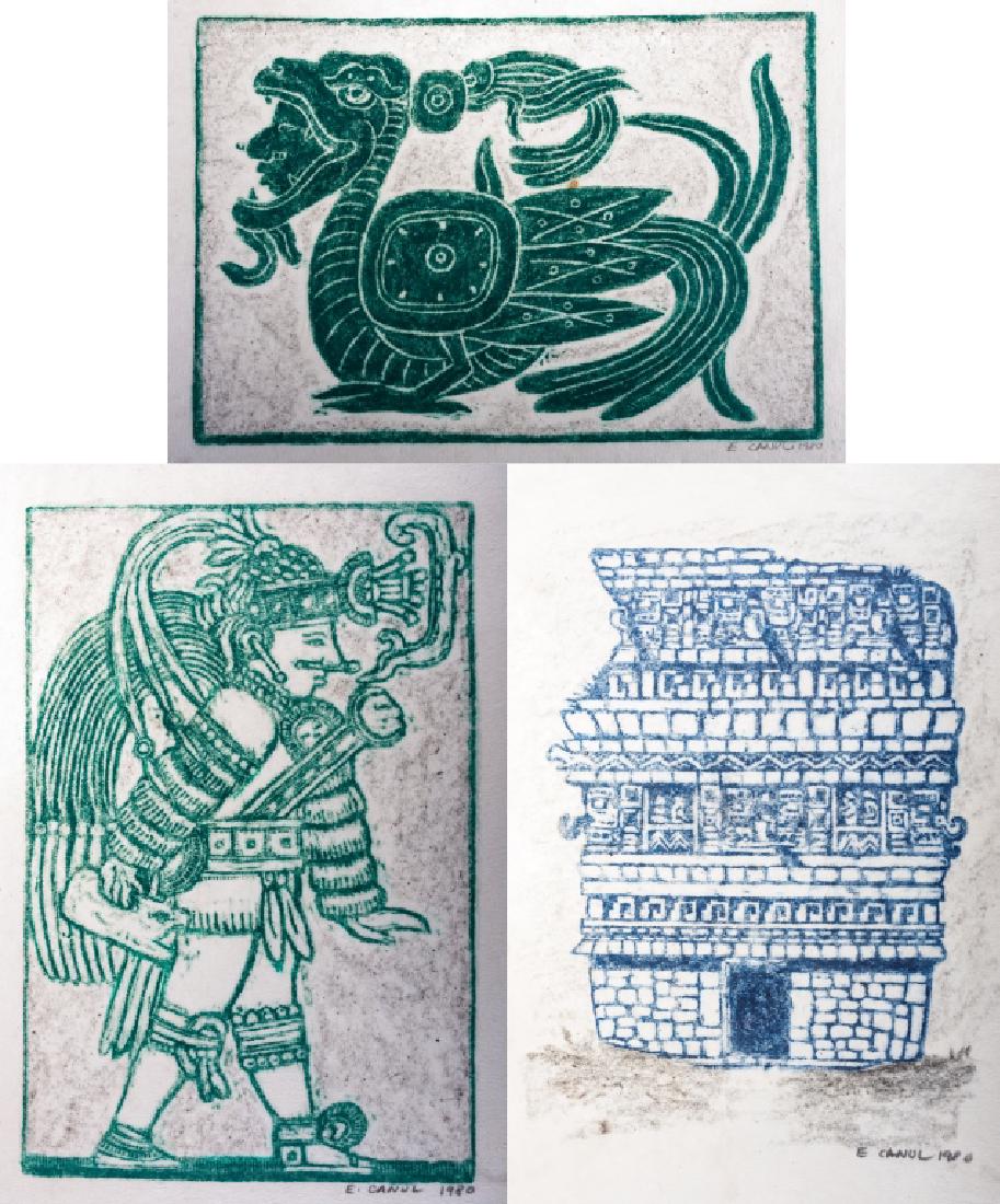 E. Canul Mayan Woodblock Prints Trio 1980: Eliezer Canul (Mexican, 20th C) woodblock print on fabric trio, all depicting traditional Mayan imagery. All three prints are hand signed and dated "E. Canul" to the lower right hand corner of the ima