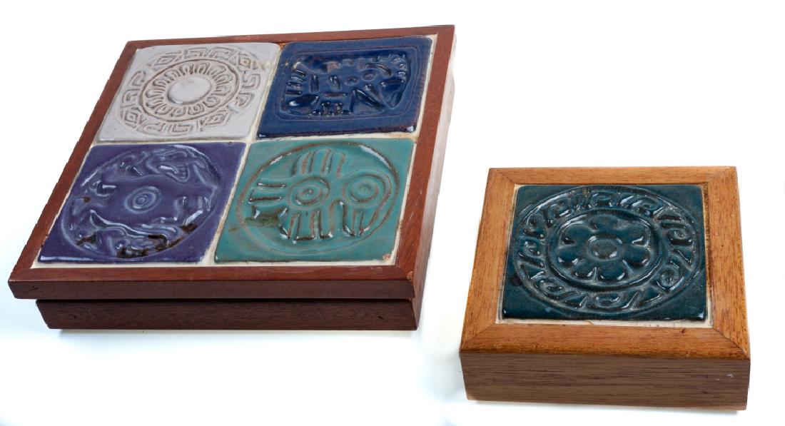 Handcrafted Oak & Tile Trivets: Handcrafted tile trivets, each having tile(s) inset into an oak base. Single tile trivet measures 1-3/4” high and 5-1/2” square; stamped “1995” to the bottom. Four tile trivet measures 2-1/4��
