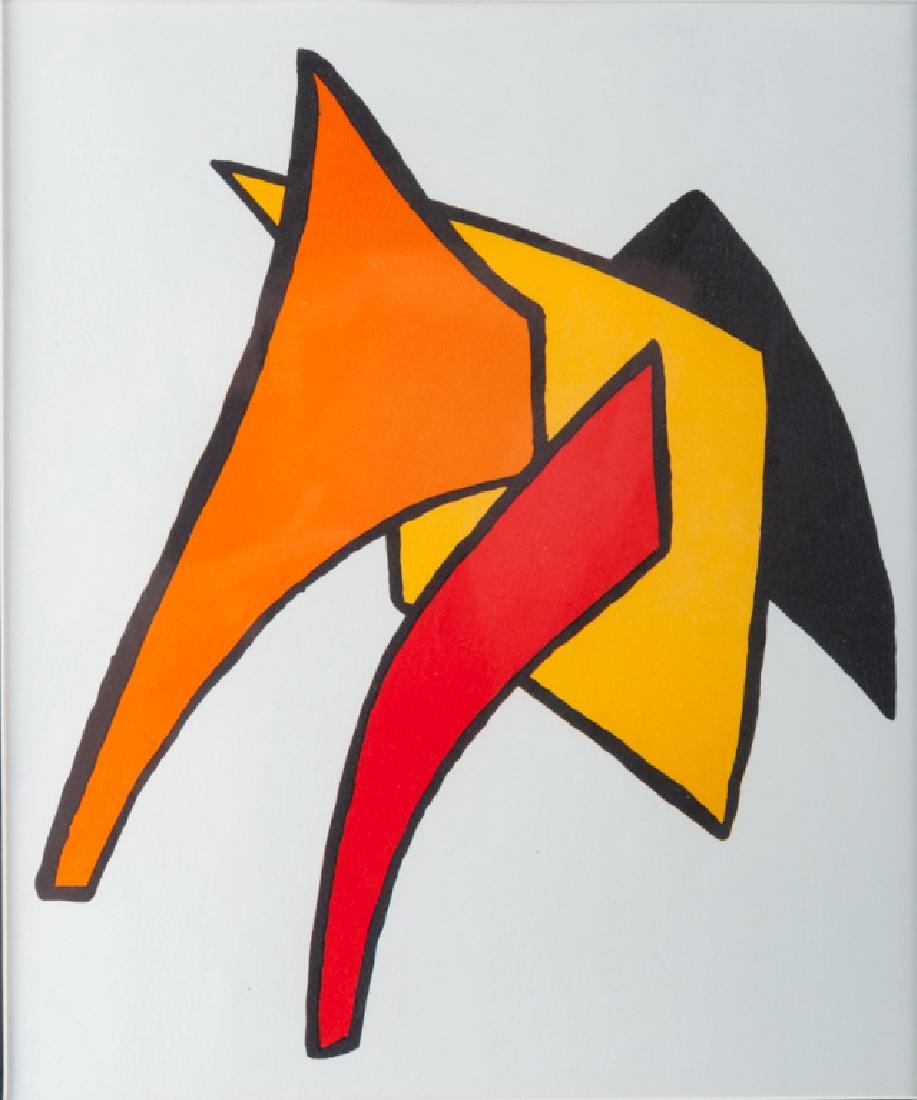 Calder "Stabile III" Abstract Lithograph: Alexander Calder (United States, 1898-1976) geometric abstract lithograph in color titled "Stabile III" and executed in 1963, framed and matted under glass. Stainless steel frame measures 20-1/4" in h