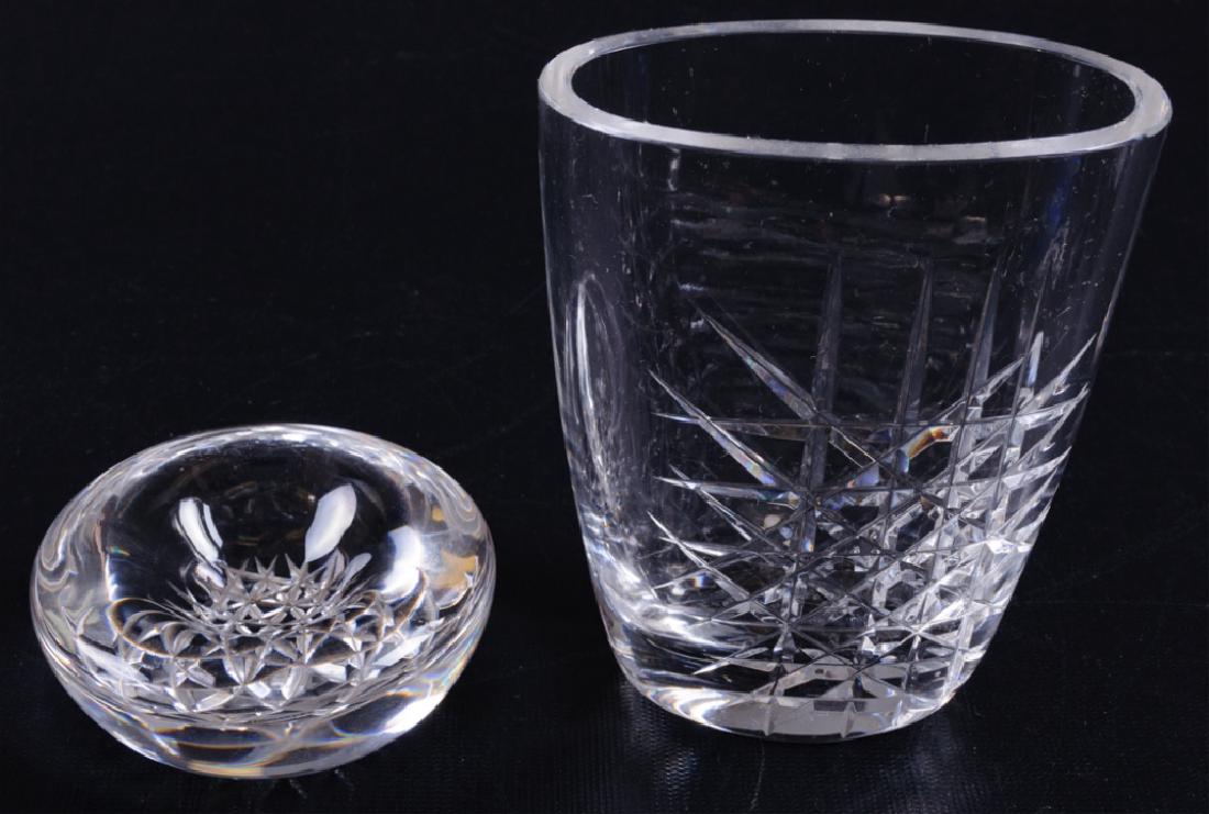 Orrefors Swedish Crystal Vase & Open Salt: Two (2) crystal Swedish Orrefors items including one (1) vase with starburst pattern to the front measuring 5-1/4" in height by 4-1/2" in width; and one (1) open salt/small bowl with starburst pattern
