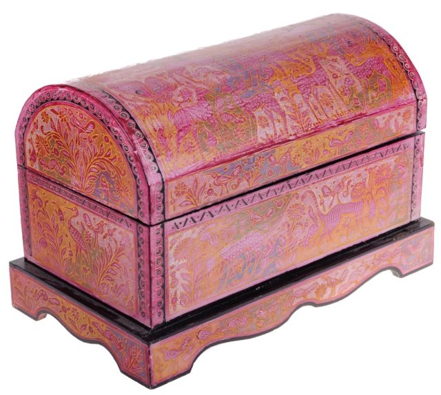 Mexican Olinala Lacquered Box: Olinala, Guerrero Mexico lacquered wood box with animal and flower decorations to the exterior, and having a hinged dome top opening to a two-compartment interior; measures approximately 8-3/4” high