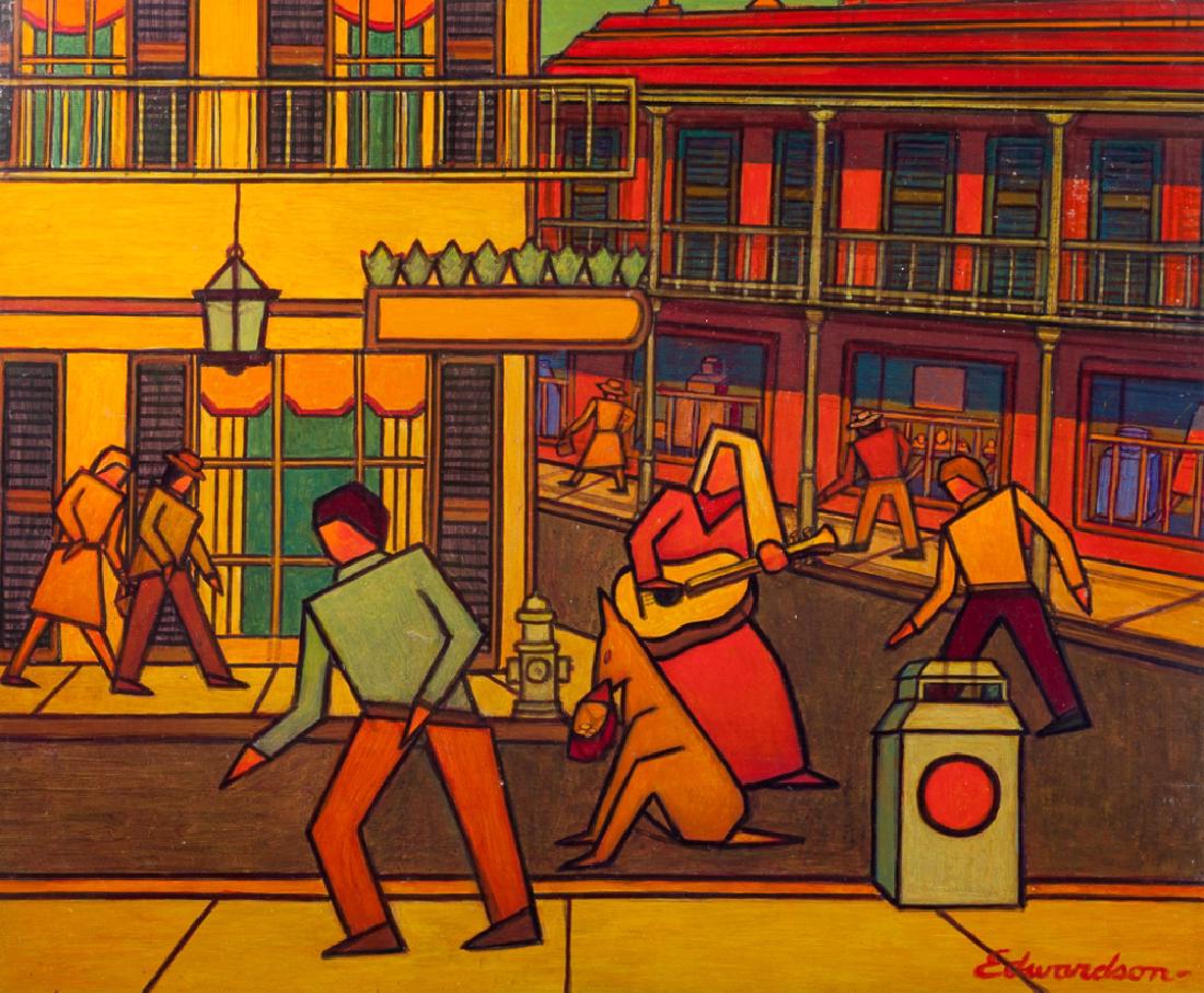 Larry Edwardson "A Girl and Her Dog" Oil on Board: Larry Edwardson (American, 1904-1995) oil on board street scene signed and titled "A Girl and Her Dog" to verso. Measures approximately 20" in height by 24" in width. From the Charlottesville, VA esta