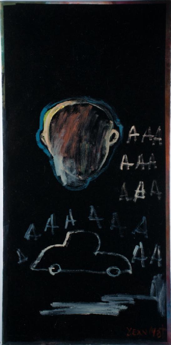 Jean-Michel Basquiat Oil On Canvas: Jean-Michel Basquiat (American, 1960 - 1988) oil on canvas untitled and unframed, with height of 36" and width of 18" and signed to the lower right. Has minor restoration. Comes complete with a letter
