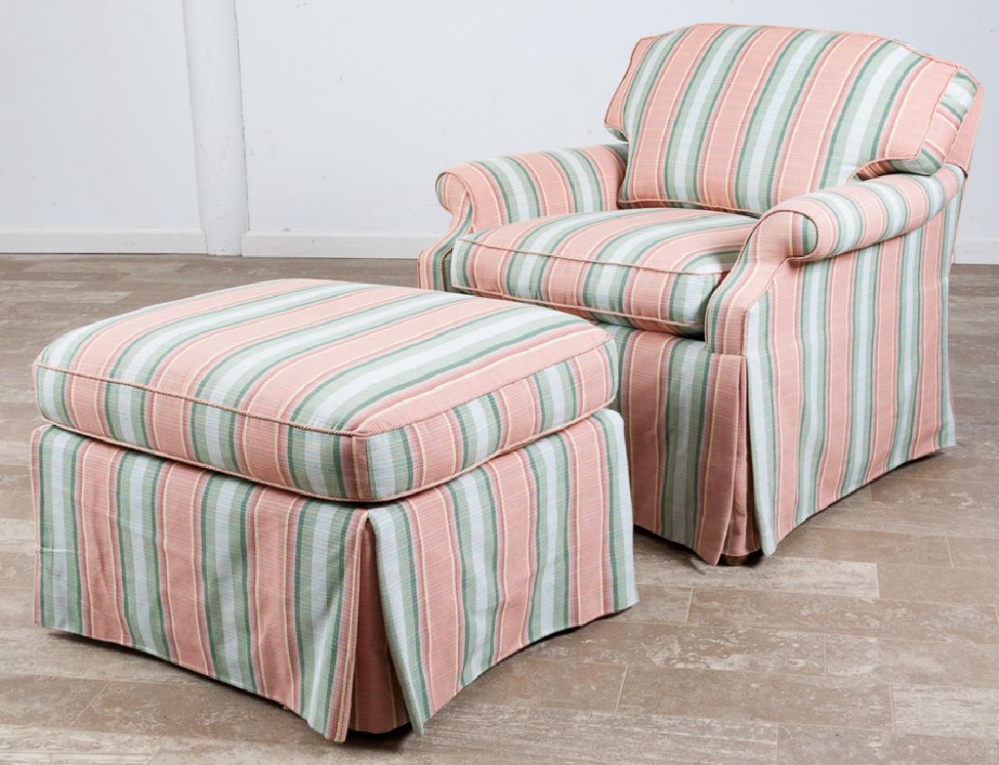 Upholstered Armchair & Matching Ottoman: Armchair upholstered in pink, green yellow and white striped fabric, with matching ottoman. Chair measures 28-1/2" high by 33-1/4" wide with a seat depth of 17" and a seat height of 18-1/2"; ottoman m
