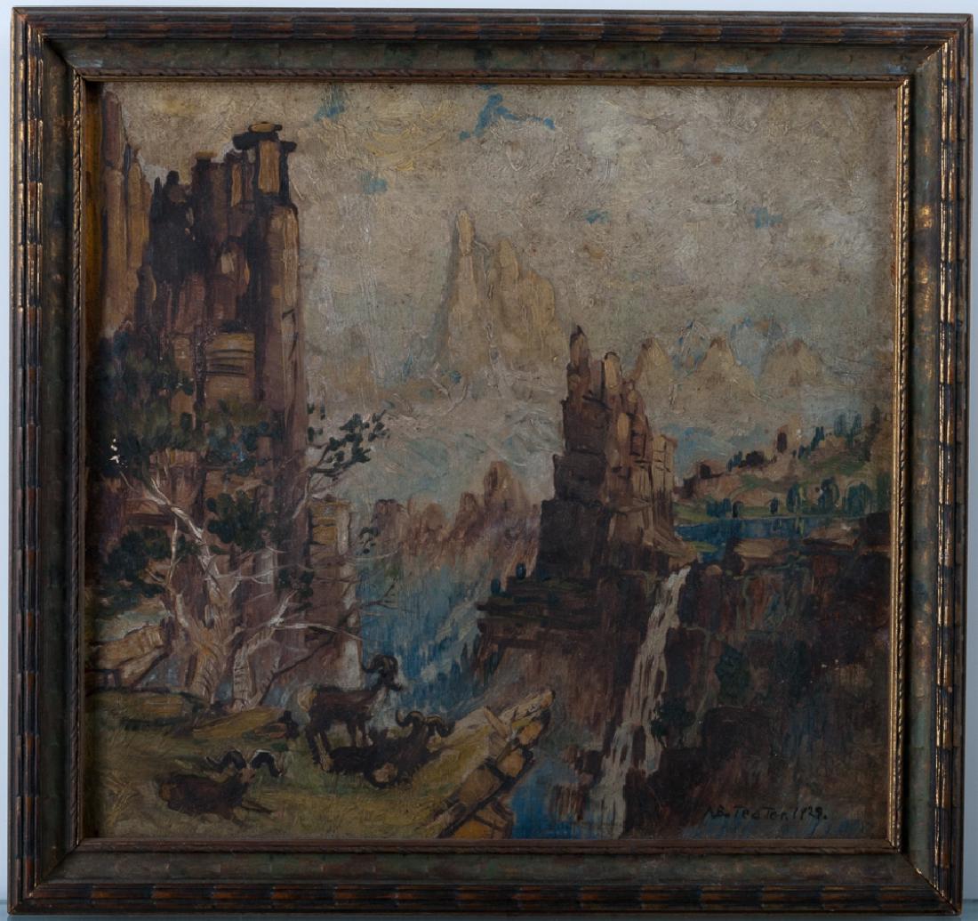 A.B. Teater Western Landscape Oil on Board: Archie Boyd Teater (United States, 1901-1978) framed oil on board impressionist style Western landscape featuring longhorn sheep; signed and dated "A.B. Teater 1929" lower right. Open face frame measu