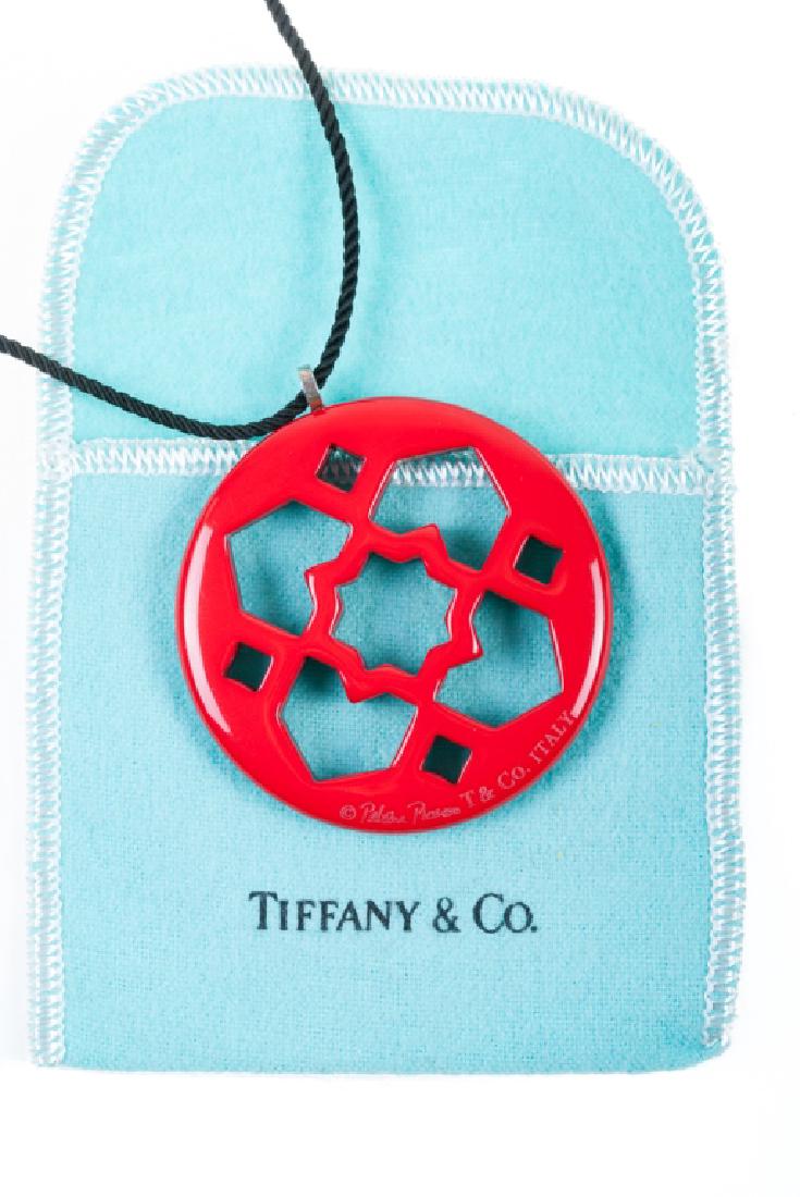 Tiffany & Co.SS Paloma Picasso Zellige Necklace: Tiffany & Co. Sterling Paloma Picasso Zellige resin red & black necklace with pouch. With original Tiffany & Co. tag stamped "925" to one side & "Tiffany & Co." to the other, and with cord measuring 2