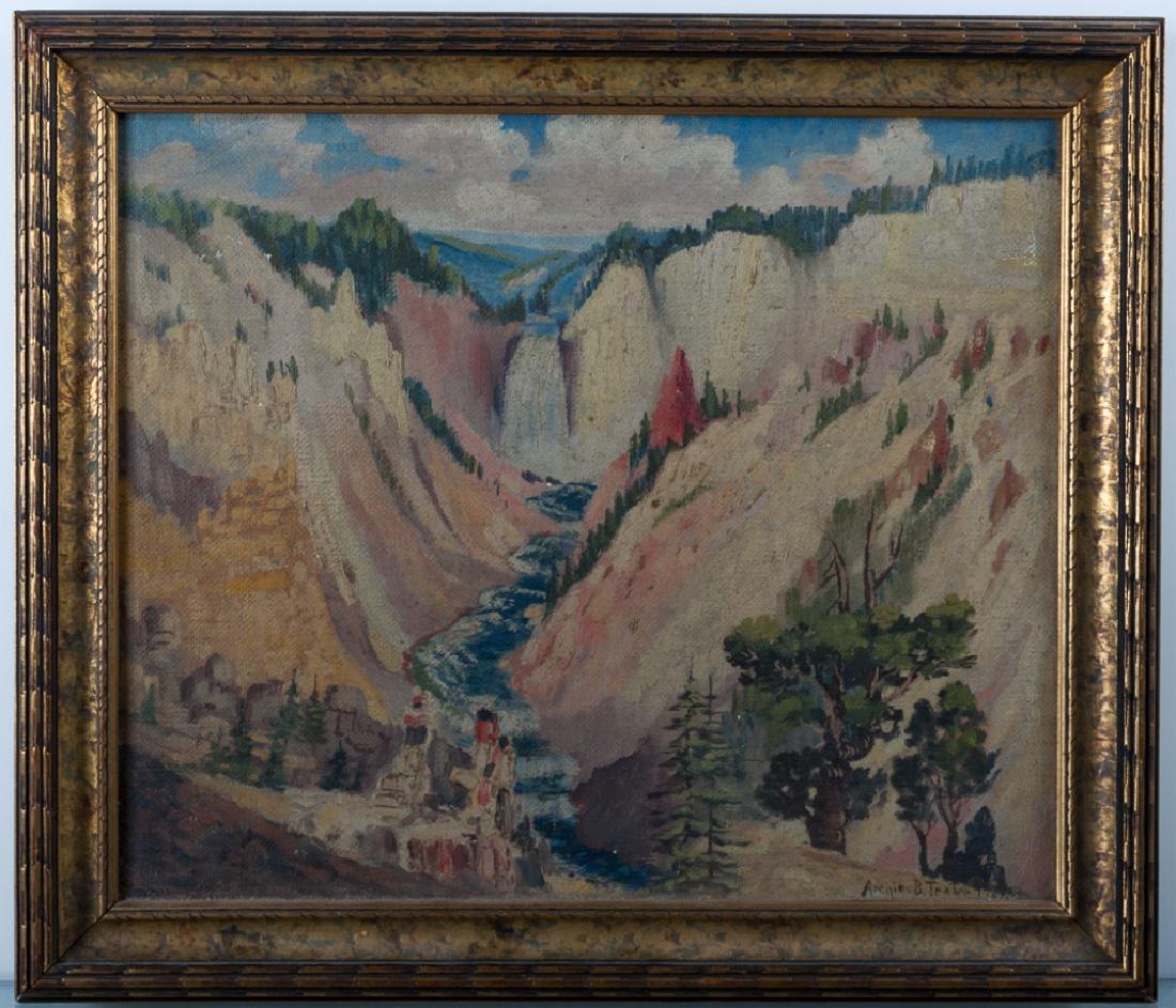A.B. Teater Mountain Landscape Oil on Board 1927: Archie Boyd Teater (United States, 1901-1978) framed impressionist style Western mountain landscape featuring a river and waterfall; signed and dated "Archie B. Teater 1927" to lower right. Open face 