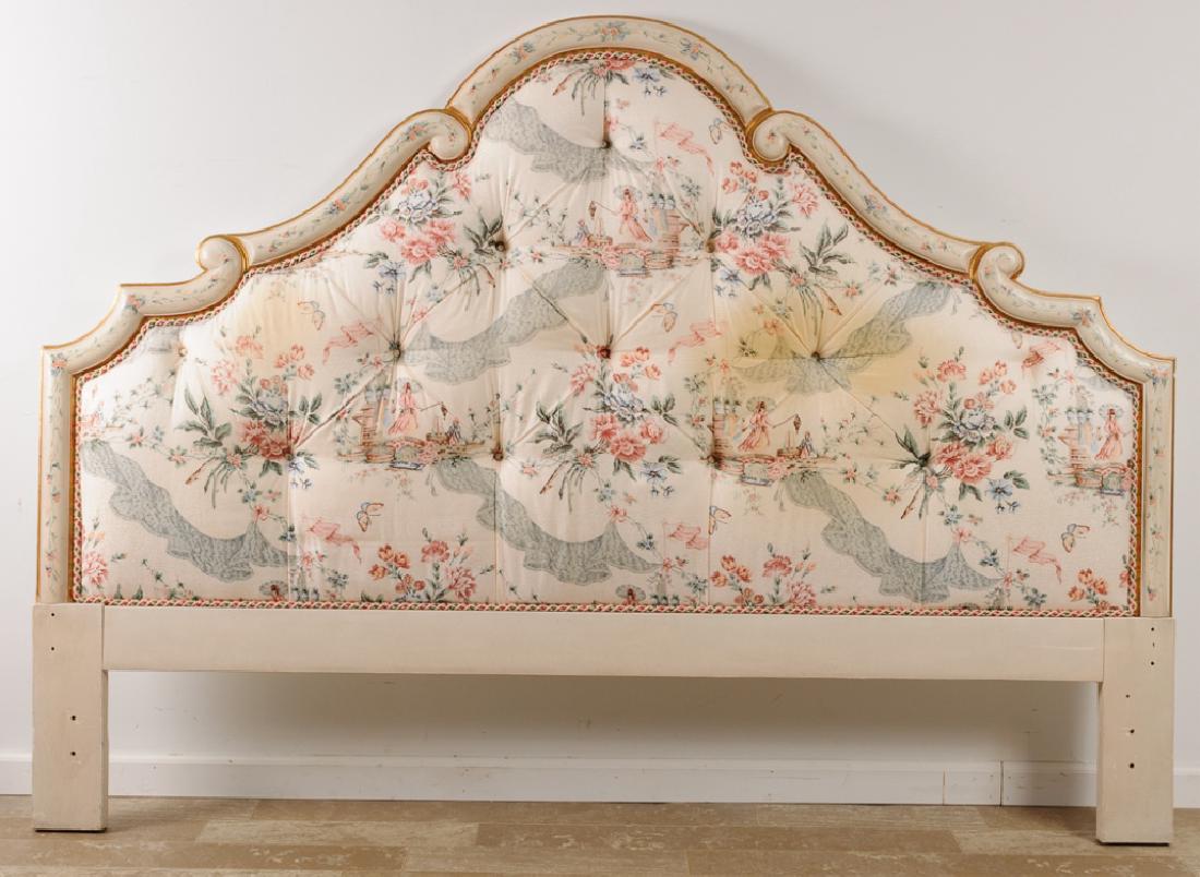 King Size Button Tufted Headboard: King size button tufted upholstered headboard with hand painted designs of flowers and leaves to the frame; measures approximately 58-1/2” high and 81-1/4” wide.