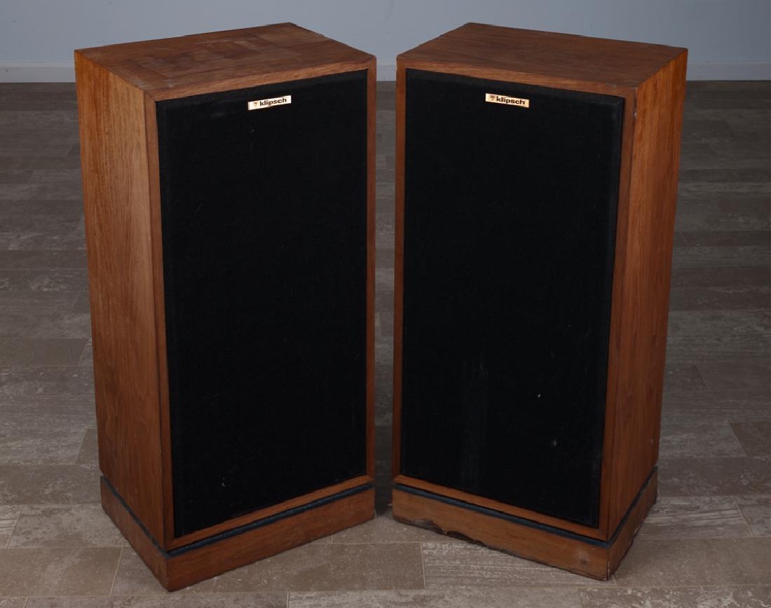 Klipsch Forte Speaker System: Pair of Klipsch Forte wood cabinet floor standing speakers. Specifications: Sensitivity 1W/1M 96 db SPL, Frequency Response 32Hz-20KHZ plus-minus 3db, Max Continuous Power 100W, Normal Impedance 4 ohm