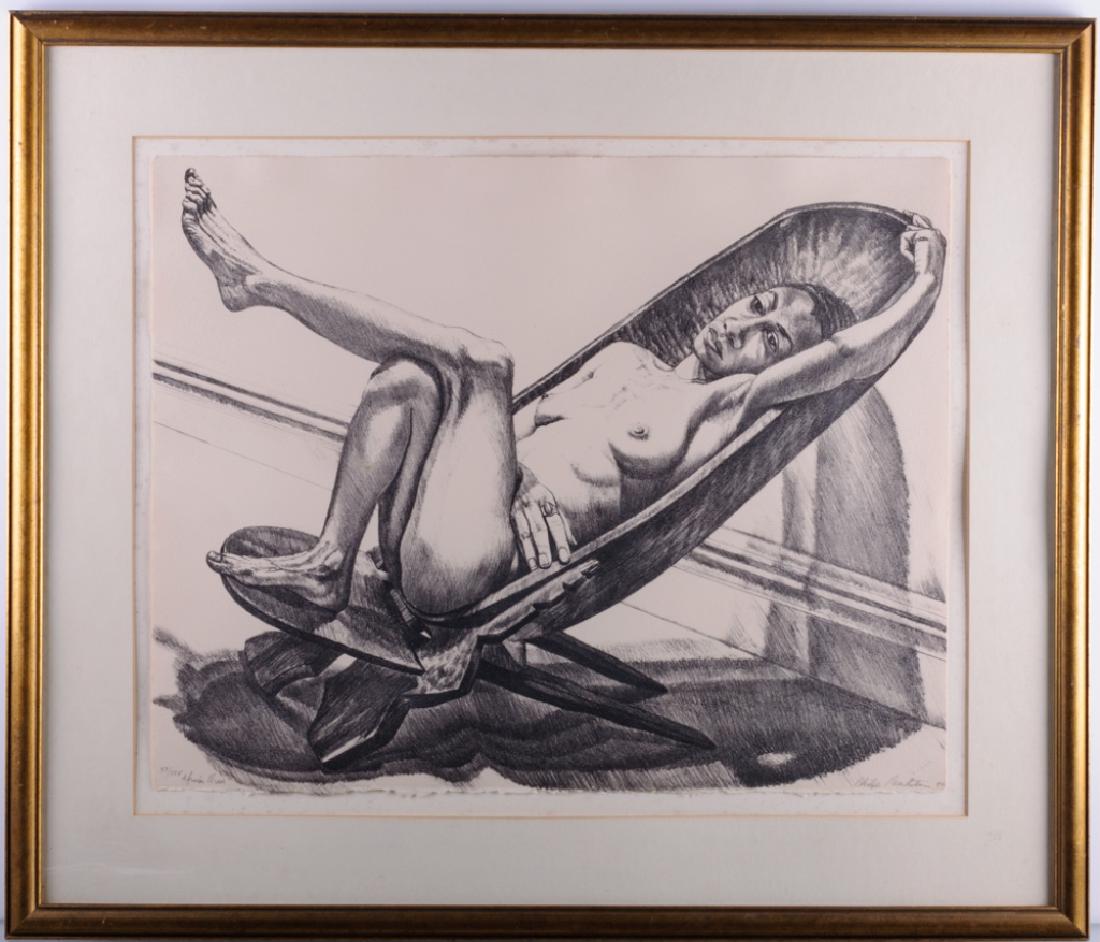 Philip Pearlstein "African Chair" Lithograph 20/25: Philip Pearlstein (United States, b. 1924) lithograph framed and matted under glass depicting a reclining nude woman, hand numbered xx/xxv (20/25), titled "African Chair", signed "Philip Pearlstein", 