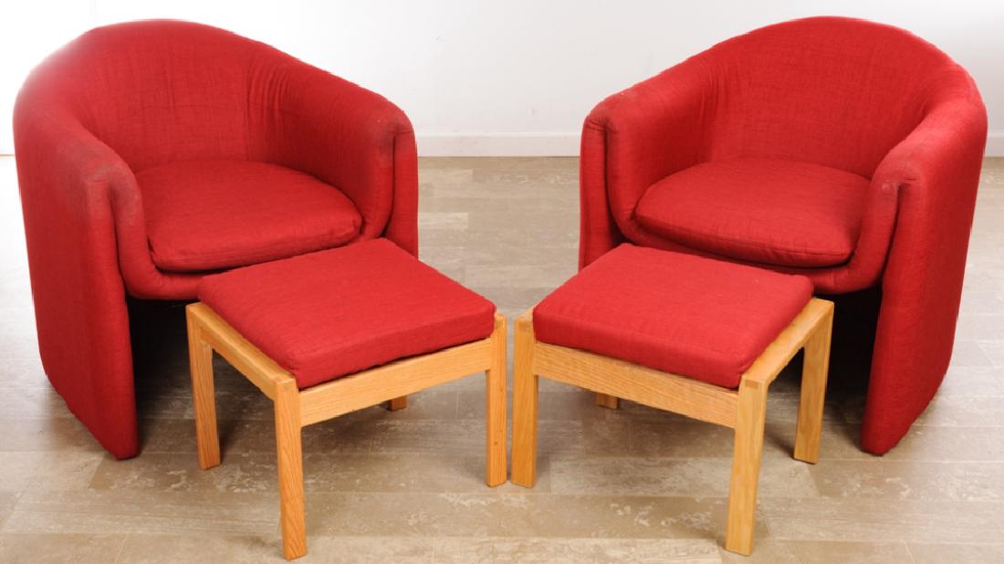Barrel Back Guest Chairs Pair w/ Footstools: Pair contemporary deep red upholstered barrel back chairs, together with locally benchcrafted oak footstools having matched upholstered cushion tops. Chairs measure 28" high by 27-1/2’" wide, with a