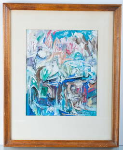 Andre Leveille "Paysage" Abstract Gouache, 1965: Andre Leveille (France, 1880 - 1963) framed abstract gouache titled "Paysage" and signed "Andre Leveille" to the back of frame. Also signed "A. Leveille" to the lower right hand corner of the image. W