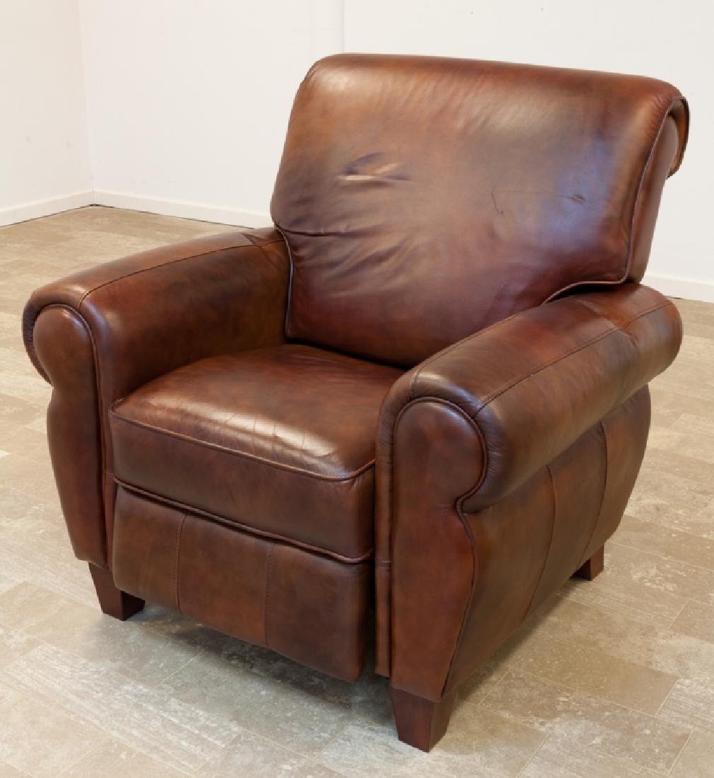 Leather Recliner, Woodworth Wooden Industries: Woodworth Wooden Industries leather recliner; measures approximately 42" high, 41" wide, seat depth of 22", and a seat height of 21-1/2", each. Woodworth Wooden Industries tag to the frame.