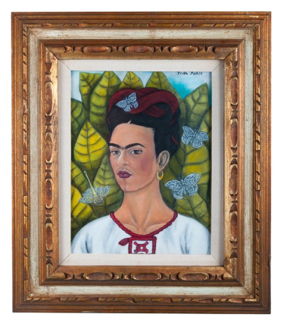Frida Kahlo "Autorretrato" Mixed Media On Paper: Frida Kahlo (Mexico, 1907-1954) mixed media untitled self portrait on paper, signed "Frida Kahlo" to the upper right corner of the image and framed under plexiglass and executed in 1940. Frame measure