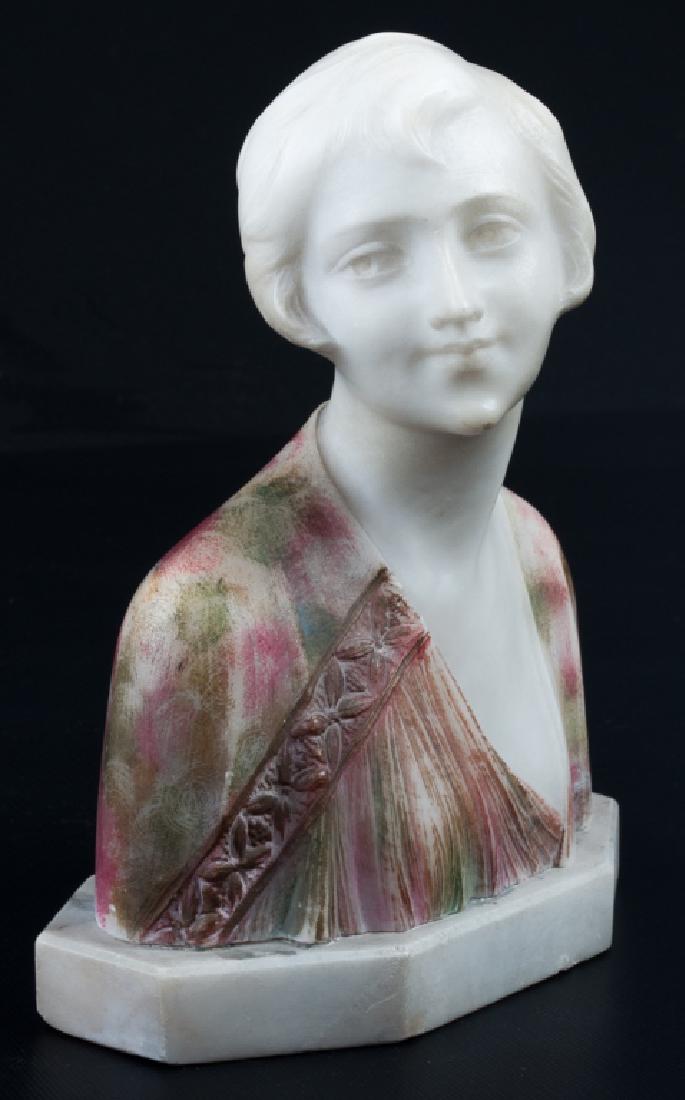 Colored Alabaster Bust of a Young Woman: Colored alabaster bust of a young woman, head and neckline are white with colored clothing; measures approximately 8-1/2" high, 7" wide, and 3" deep. Marked made in Italy to the bottom.