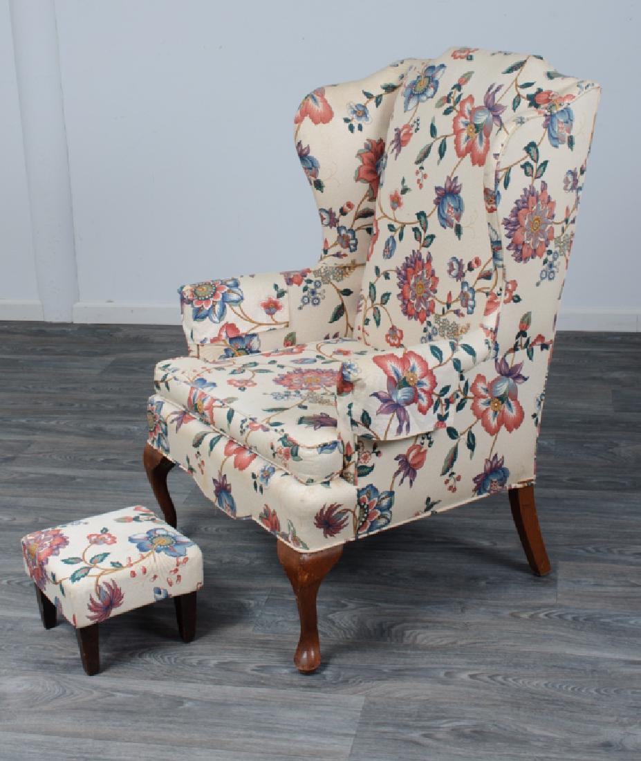 Jacobean Floral Print Wingback Chair & Footstool