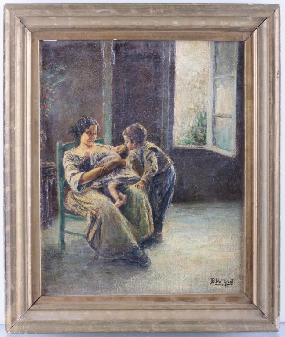 Bernard Pothast Genre Scene Oil on Panel: Bernard (Bernhard) Pothast (Netherlands, Belgium, 1882-1966), oil on panel, genre scene of mother and children signed "B. Pothast" to the lower right. Open face painted wood frame measures 13-1/4" in
