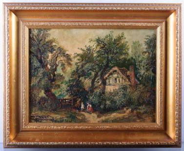 Edward C. Williams Cottage in Woods Oil on Canvas: Edward Charles Williams (England, 1807-1881) framed oil on canvas "Cottage in Woods" landscape, unsigned but with artist information verso, please see photographs. Gilt frame measures 17-1/2" in