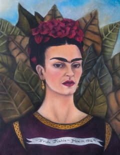 Frida Kahlo Attrib. Mixed Media Self Portrait: Frida Kahlo (Mexico, 1907-1954) attributed unframed pastel and charcoal drawing depicting a self portrait of Frida Kahlo herself with a floral headpiece and botanical background, signed and dated to l