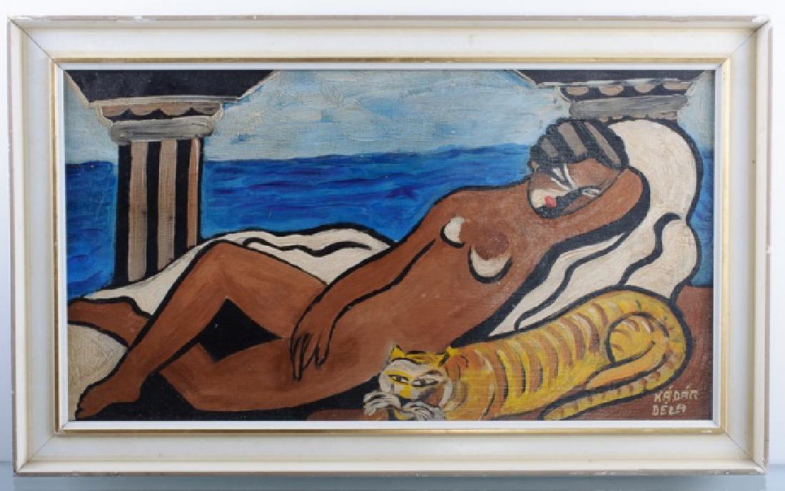 Bela Kadar Reclining Nude & Feline Oil on Board: Bela Kadar (Hungary/France, 1877 - 1956) framed oil on board, signed to lower right "Kadar Bela". Painted wood frame measures 15-1/4" in height with width of 25-1/4" and depth of 1-1/4" while sight im