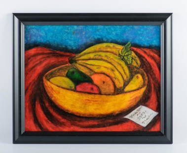 Frida Kahlo "Bodegon" Oil On Paper, 1951: Frida Kahlo (Mexico, 1907 - 1954) framed oil on paper drawing still life, signed and dated to lower right "Frida Kahlo 1951 Mexico". Black composite frame (with glass pane) measures 13-1/4" in height