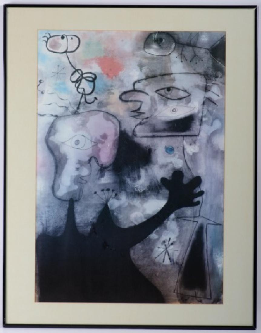 Joan Miro Figural Abstract Print, Framed: Joan Miro (Spanish, 1893-1983) matted and framed abstract print, unsigned. Metal frame (with plexiglass pane) measures 28-1/4" in height with width of 22-1/4" and depth of 1" while sight image measure
