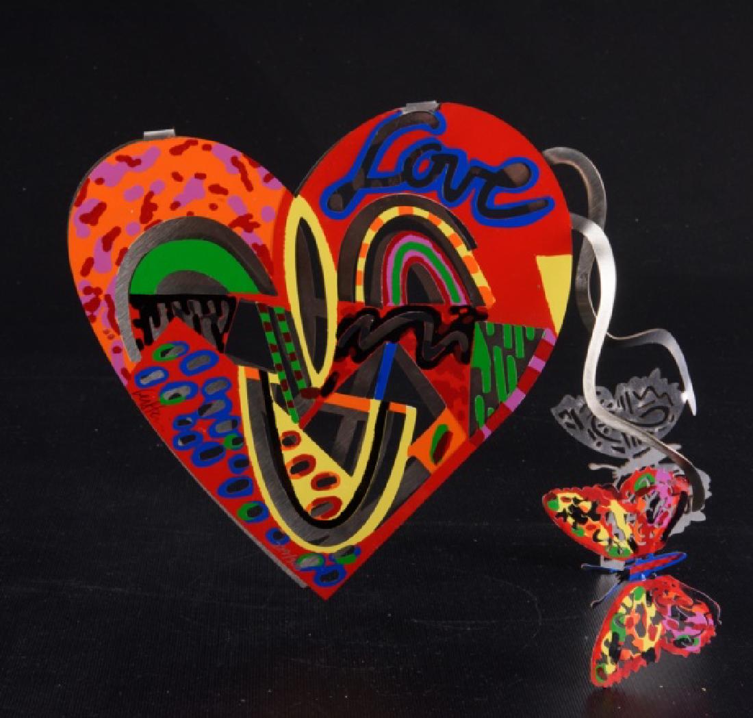David Gerstein LE "Open Heart" #229/900 Sculpture: David (Dudu) Gerstein (Israel, b. 1944) "Open Heart" limited edition metal cutout heart with two butterflies, numbered "229/900" and hand signed to the heart. Heart measures 8-3/8" high, 8-3/8" wide,