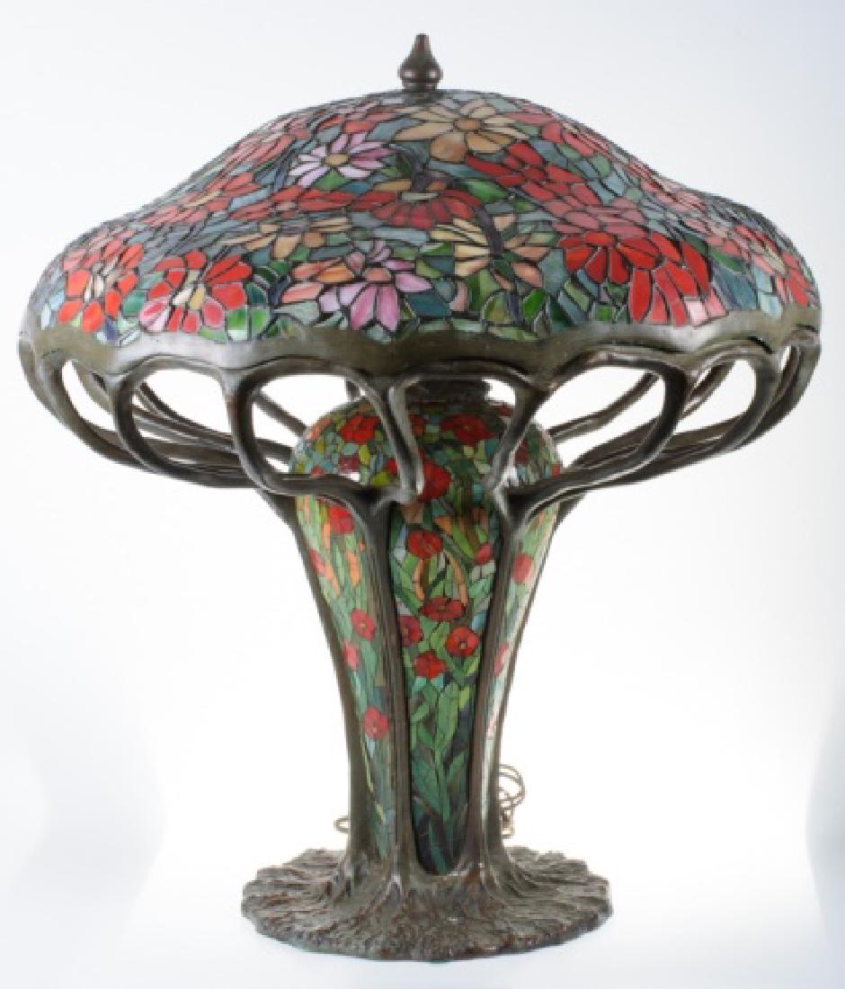 Leaded Glass Zinnia Lamp in the Manner of Tiffany