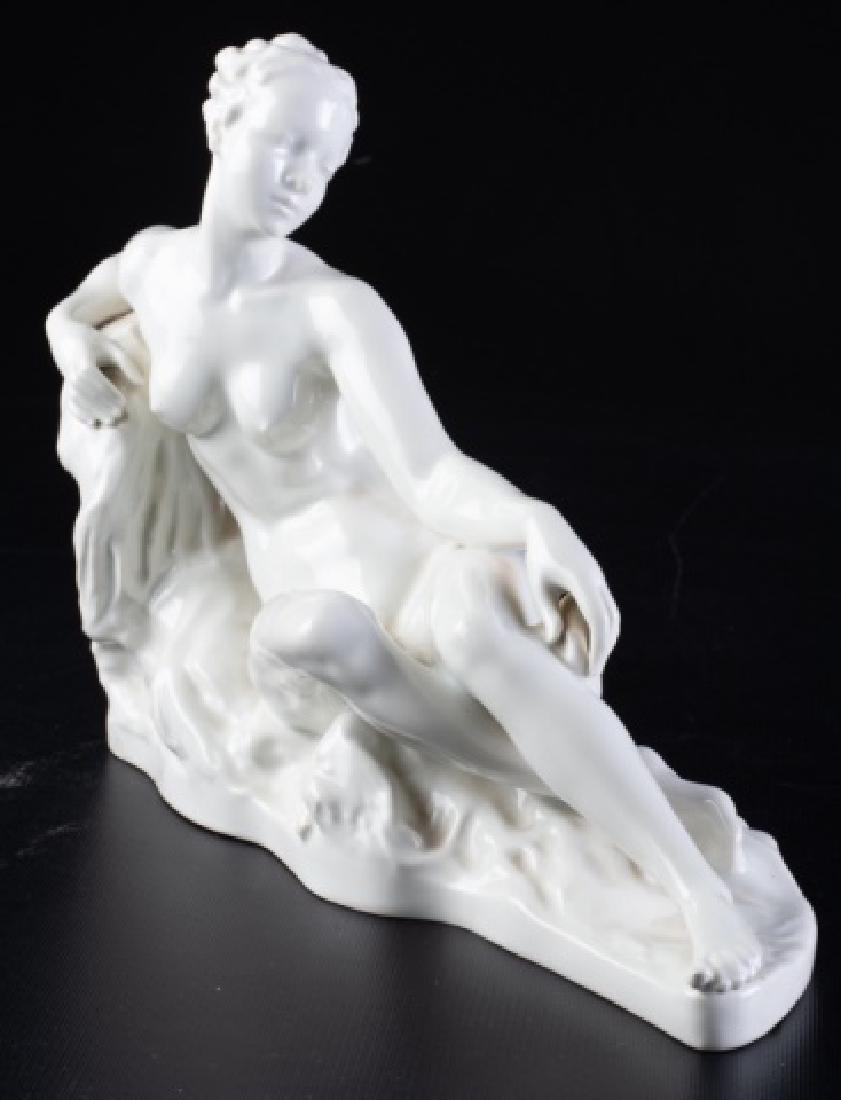 Rosenthal Art Deco Porcelain Reclining Nude: Rosenthal Germany porcelain reclining nude figure by Gustav Adolph Bredow. Marked in green Rosenthal Germany, Kunstabteilung SELB to the bottom. Signed Bredow to the pedestal. Model number 1268 / 1. U