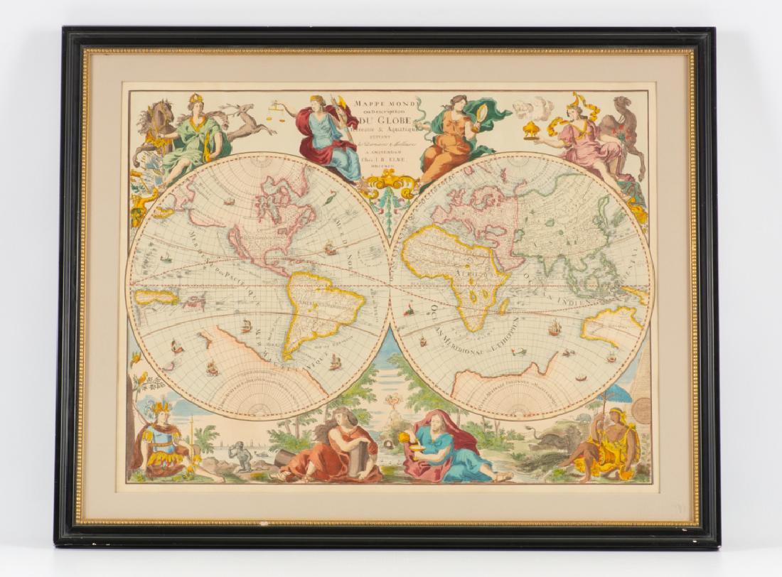 French World Map, Hand Colored: Hand colored French world map dated 1792, titled Mappe Monde ou Description Du Globe Terrestre & Aquatique Suivant les Dernieres & Meilleures, A. Amsterdam, Ches I.B Elwe, MDCCXCII. Matted and framed 