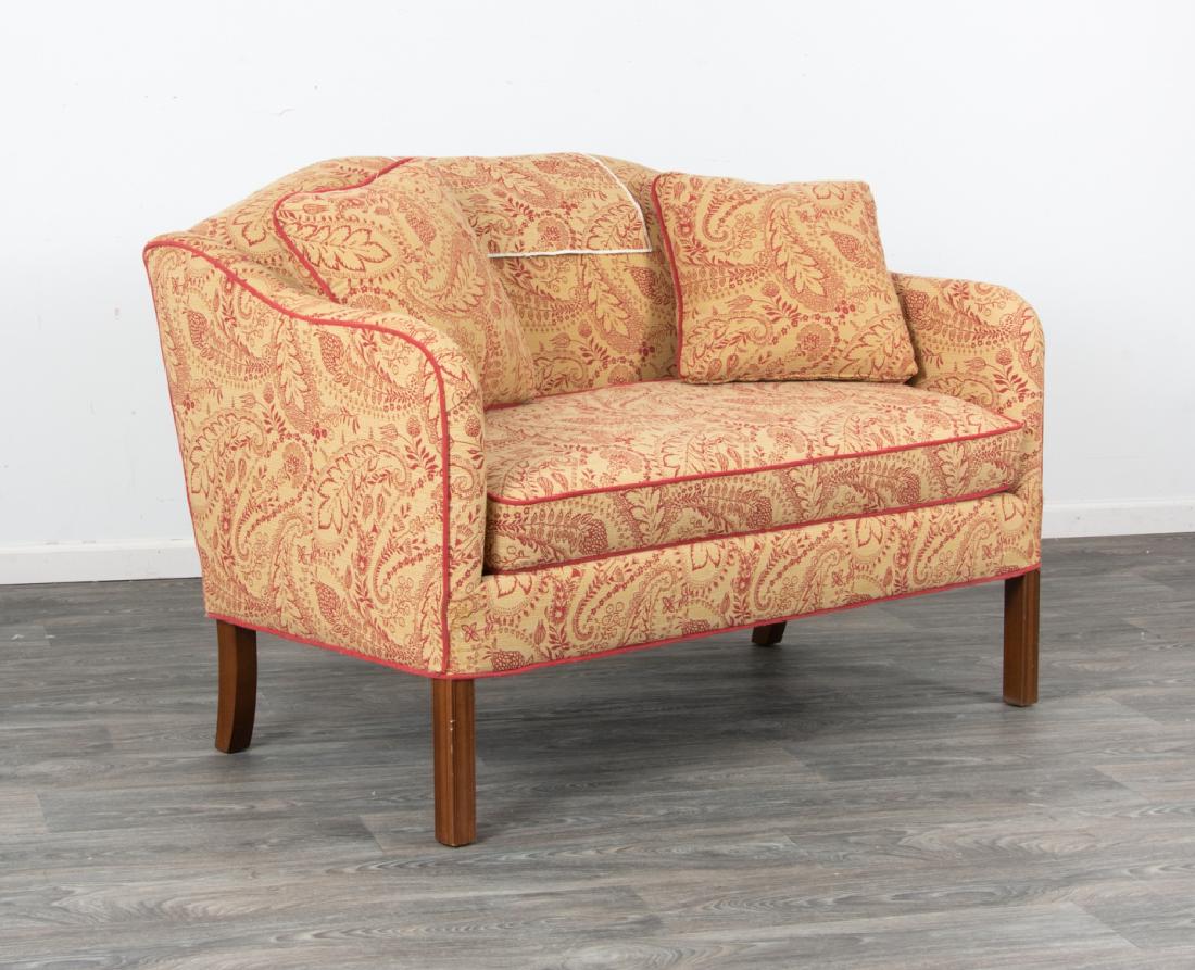 Upholstered Settee: Settee having woven red and ivory upholstery, and raised on Marlborough legs. In overall good condition consistent with age and use. Measures approximately 36-1/2" high and 52-1/2" wide, total depth o