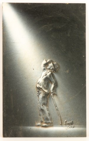 Relief Sculpture on Masonite: Relief sculpture on masonite of a figure looking into the light. Signed to the bottom illegibly. Measures 15-3/4" in height by 10" in width. All measurements are approximate. All sales are subject to 