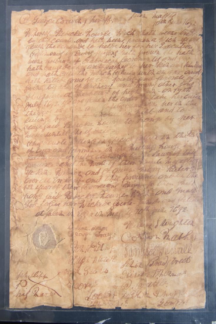 Salem Witch Trials Death Warrant Forgery: Convincingly wrought in iron gall ink on laid paper, the document appears at first glance to be original and real. However, after inspection by experts in documents, it has signatures and wording not 