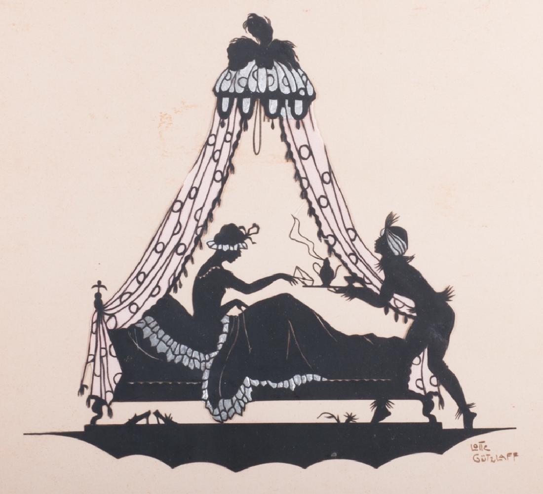Lotte Gutzalaff Mixed Media Circa 1900s: Scherenshnitt on paper with fabric and paint depicting a lady in bed and servant with tray. Signed to lower right, framed under glass. Sight image measures approximately 11-9/16" in height by 9-1/4" i