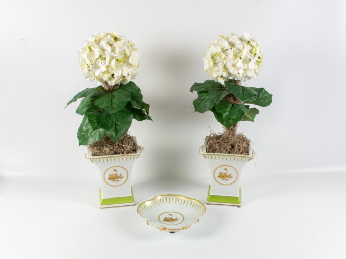 Mottahedeh Porcelain Vases & Dish: To include a pair of green and gold painted vases having a floral motif,, and a green and gold painted dish having a floral motif. Each marked to bottom Mottahedeh Portugal to bottom. Vase measures ap