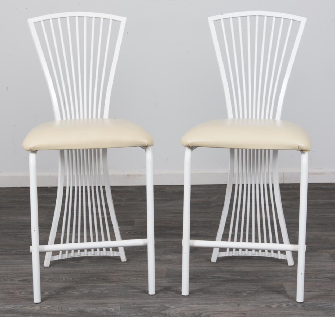 Stoneville Furniture Company Side Chairs Pair: Pair of tall side chairs each having a white painted metal tubular frame construction, comb back, and upholstered seat. Labeled to underside of seat. In overall good condition consistent with age and