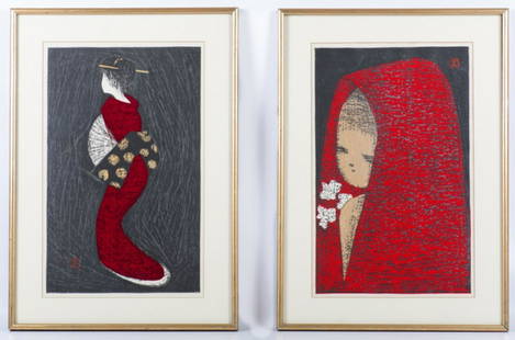 Kaoru Kawano Woodblock Prints: Kaoru Kawano (Japan, 1916-1965) two woodblock prints to include: Dancer with Fan, and Girl with a Red Hood. Both are titled, dated (1950 and 1960), and signed to the back Kaoru Kawano. Identically mat