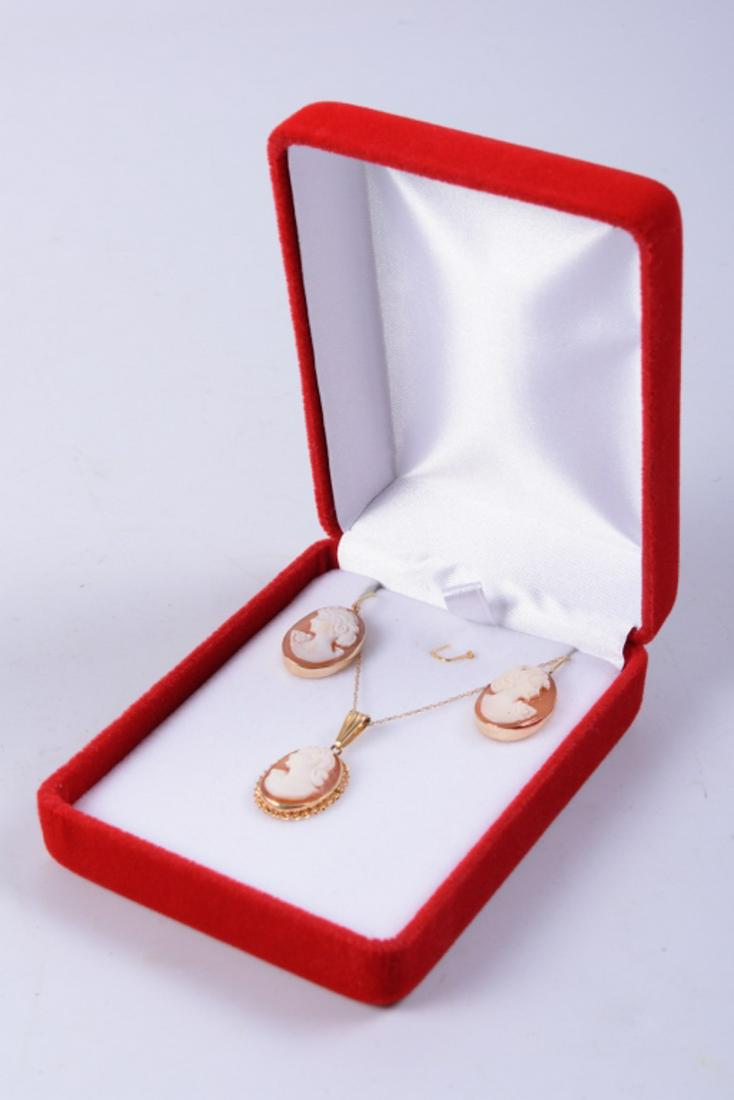 Gold Cameo Earrings & Necklace Set: Earrings have shell cameos that are 13.5mm wide by 18mm tall. Overall length including ear wire is 31mm tall. Stamped to back of each 585 (14K) and makers mark. Necklace has 16" chain with a 14K stamp