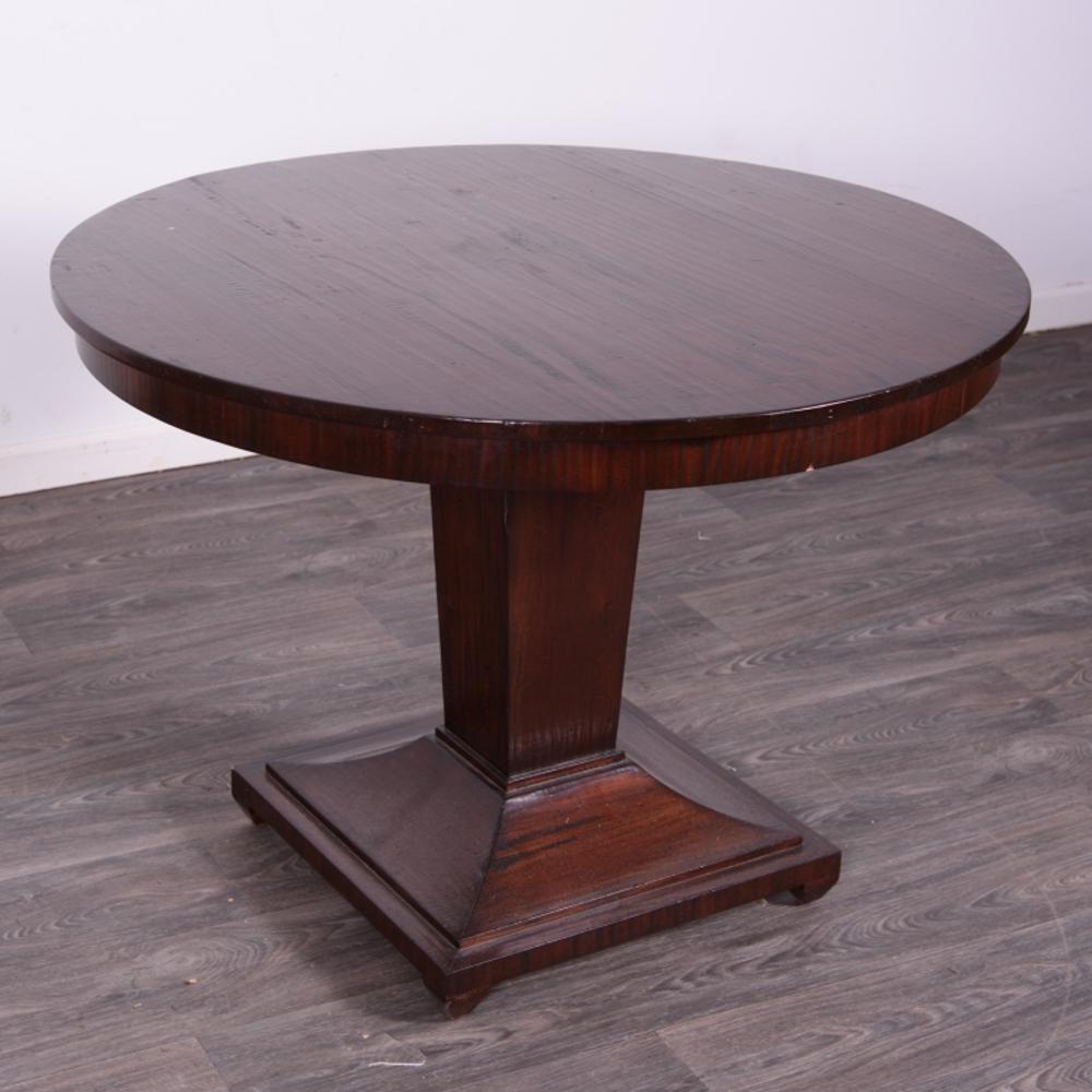 Henredon Parlor Table: Rest on square tapered column, on step square base. In overall good condition consistent with age and use. Measures approximately 30" high, 42" in diameter. All sales are subject to Bremo Auctions Ter