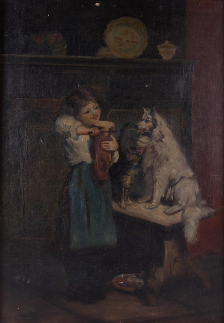 19th C Oil on Canvas Genre Painting: Young girl slicing a loaf of bread, watched by a dog and cat. Not visibly signed. Framed. Sight image 19 1/4" high, 13 1/4" wide.All sales are subject to Bremo Auctions Terms & Conditions. Please revi