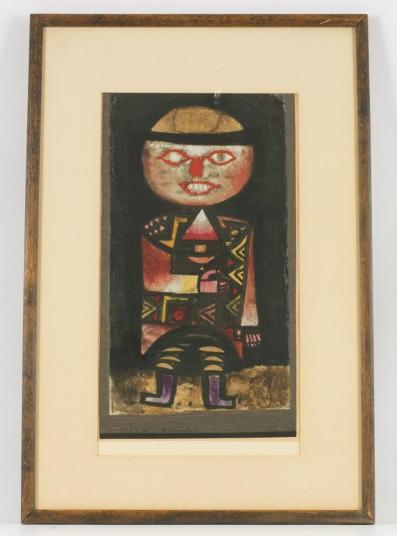 After Paul Klee Lithograph: "Shauspieler" , 1923 III 27. Matted and framed under glass. Measures 28-3/4" in height by 19-1/8" in width with the sight image measuring 20-1/4" in height by 10-7/8" in width. All measurements are ap