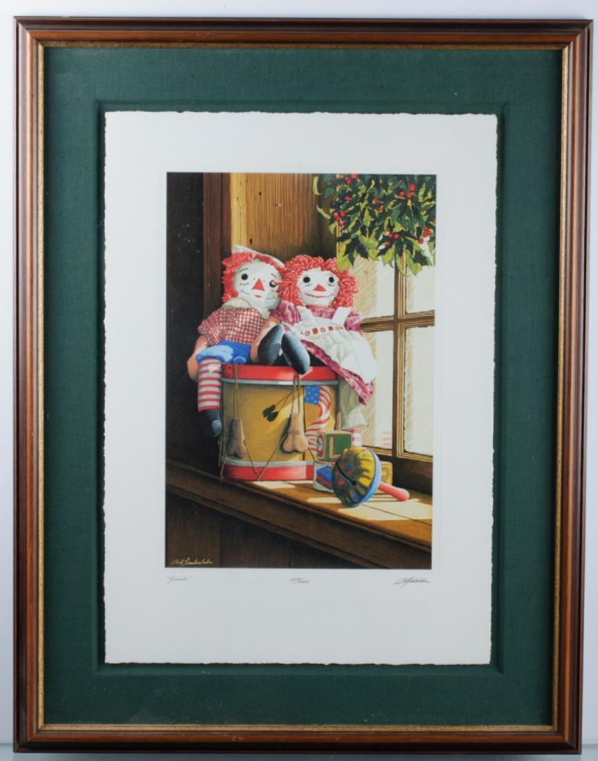 Bob Timberlake "Friends" #2641/4042 Signed Print: Bob Timberlake (North Caroline, B. 1937) single matted and framed print executed for the Christmas season in 1989 depicting Raggedy Ann & Raggedy Andy in a windowsill with other toys. Signed in plate 