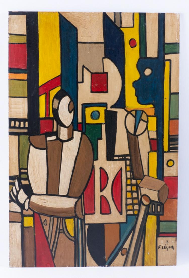Fernand Leger Geometric Abstract Oil On Panel: Fernand Leger (Connecticut/California) unframed geometric abstract oil on panel painting, signed to lower right "F. Leger". Measures 23" in height with width of 15-1/4". In overall good condition with